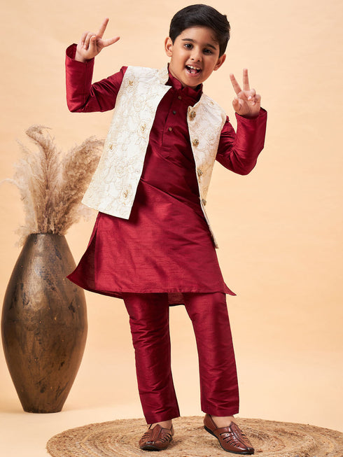 Boy's Beige Woven Jacket With Maroon Kurta And Pyjama Set